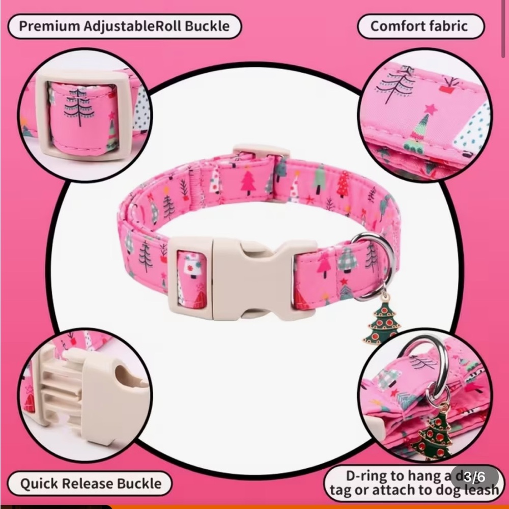 Pink Christmas Tree dog collar with adorable tree charm. Size LARGE - Picture 3 of 4